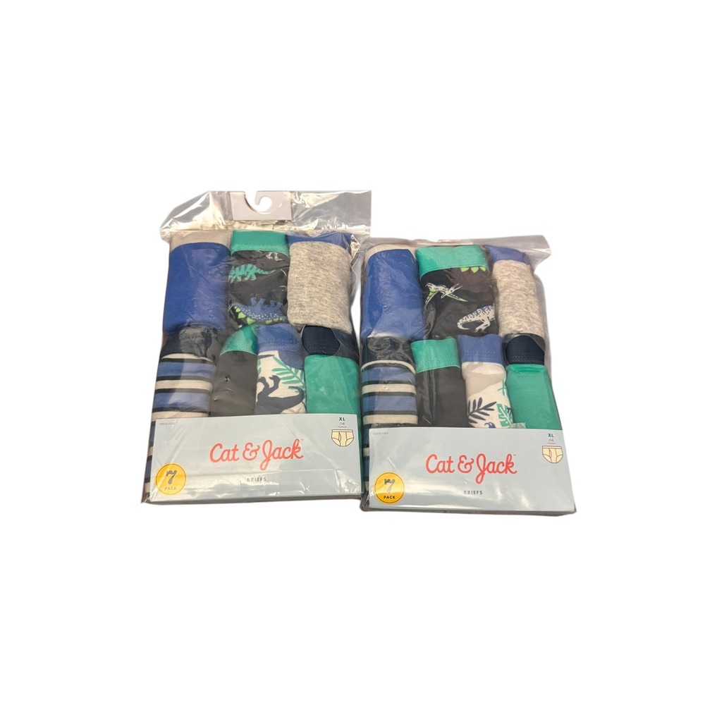 Cat & Jack Boys Briefs 14 Pair Pack Size XL 14 Cotton Dinosaur Stripes Blue